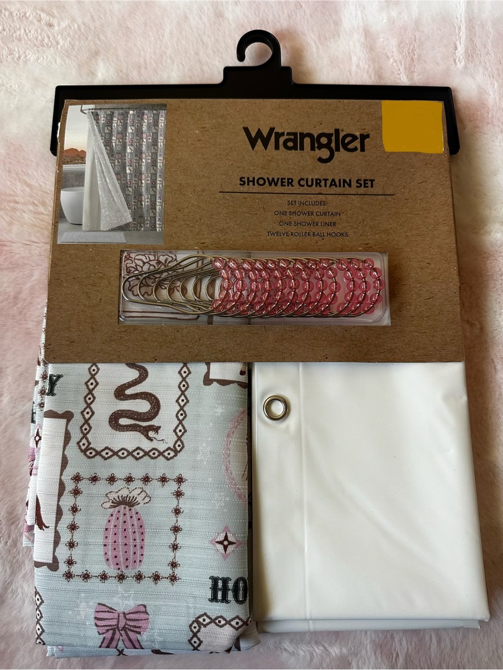 Western Stamps Blue, Pink & White - Wrangler Shower Curtain Set NWT